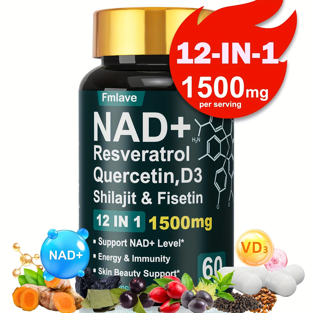 [NAD+YOUTH BOTTLE] 1500mg Per Serving] 12in 1 NAD+YOUTH BOTTLE- Extract With Nature Plants, Containing Nicotinamide Riboside, Quercetin, Support To Be Younger, Immune & Energy & Focus For Man & Women & Adult, 60 Capsules