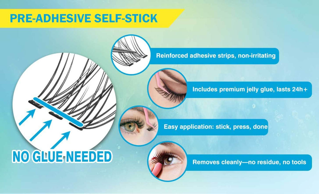 Self Adhesive Lash Clusters No Glue Needed, Lightweight Lashes Clusters Kit, Pre Glued Wispy Cluster Lashes Natural Volume Press On Lashes with 2 Tweezers, Reusable Eyelashes, Beginner Friendly Casual Attire Lashes Fluffy Individual Cluster Eyelashes