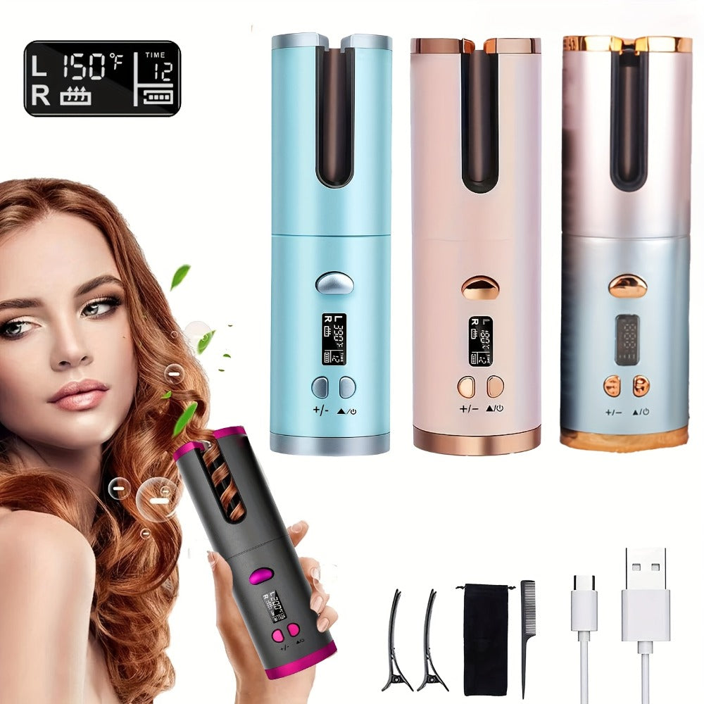 Automatic Hair Curler Cordless USB Rechargeable – Rotating Curling Iron with 6 Heat Settings, LCD Display, Auto Shut-Off, Storage Bag & Hair Clips Included