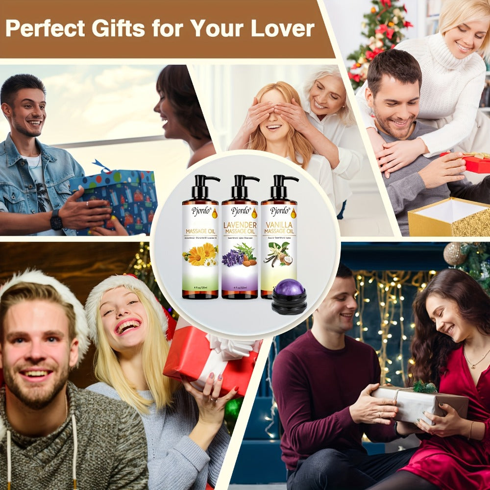 3pcs 4.06 oz Massage Essential Oil Set, Vanilla Oil, Arnica Oil, Lavender Massage Oil For Date Night, Massage Roller Ball, Moisturizing Massage Kit, For All Skin Types, Scented, Unisex-adult