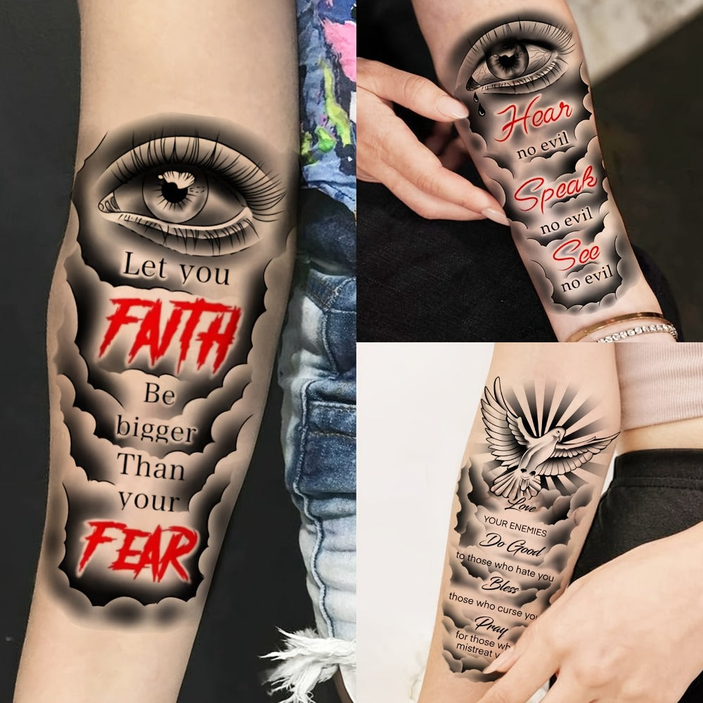 Temporary Tattoos Religious Christian 68 Sheets | God Jesus Christ Faith Prayer Peace Tribal Lion Eye Quotes | Bulk Fake Tattoo Stickers for Men Women Adults | Half Arm Sleeve Body Art Set