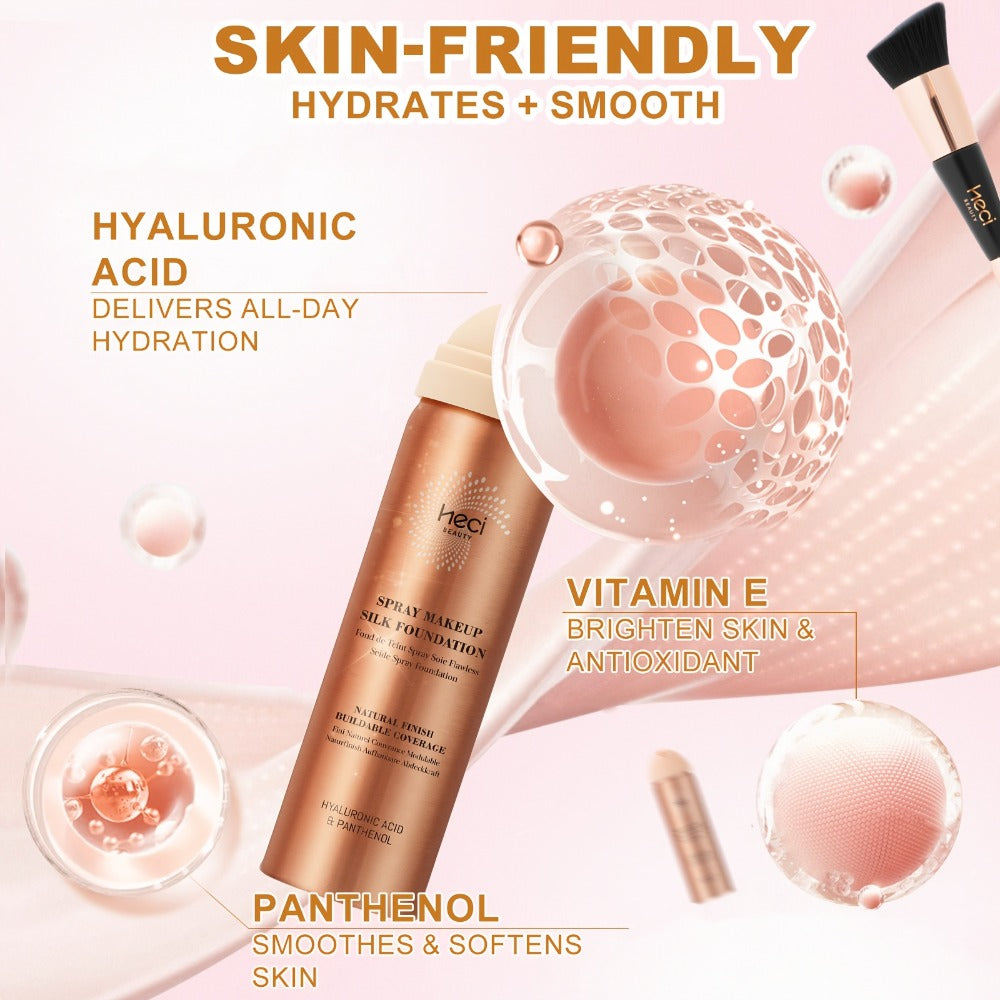 Liquid Foundation Spray with Brush 2PCS Matte Finish Panthenol & Hyaluronic Acid for Sensitive Dry Mature Skin Non-Sticky Natural Flawless Coverage Women