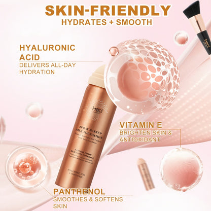 Liquid Foundation Spray with Brush 2PCS Matte Finish Panthenol & Hyaluronic Acid for Sensitive Dry Mature Skin Non-Sticky Natural Flawless Coverage Women