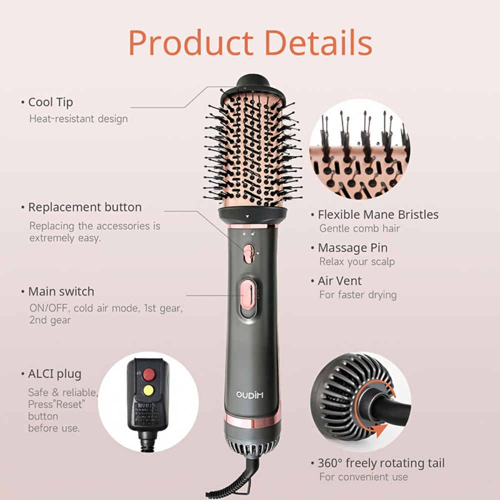 Professional Multi-Functional Hot Air Brush, Negative Ion Tech For Frizz-Free Hot Air, Hair Dryer Brush And Styler, Air Styling Brush Combines, Curling Iron, Massage Straightening Brush, Multiple Temperature & Wind Speed Settings