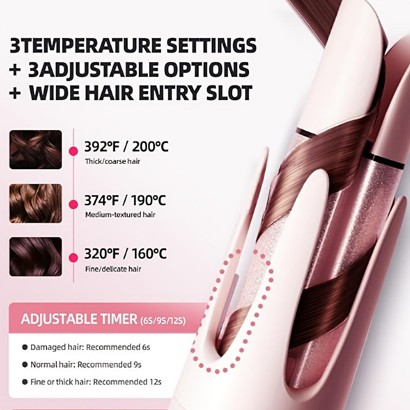 Automatic Rotating Curling Iron 4 Temperature Settings Negative Ion Ceramic Barrel Anti-Tangle Auto Shut-Off Dual Voltage 110-240V Fast Heat 30s Beginner-Friendly Gift for Women