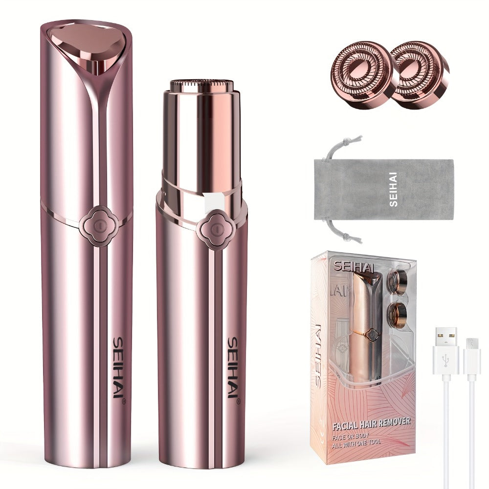 Women's Electric Facial Shaver - USB Rechargeable Hair Remover, Multi-Purpose Epilator for Bikini, Face, Legs, Arms, Underarms - Portable Hair Trimmer, Female Body Shaver, Suitable for Travel, Includes Velvet Storage Pouch + 2 Replacement Heads