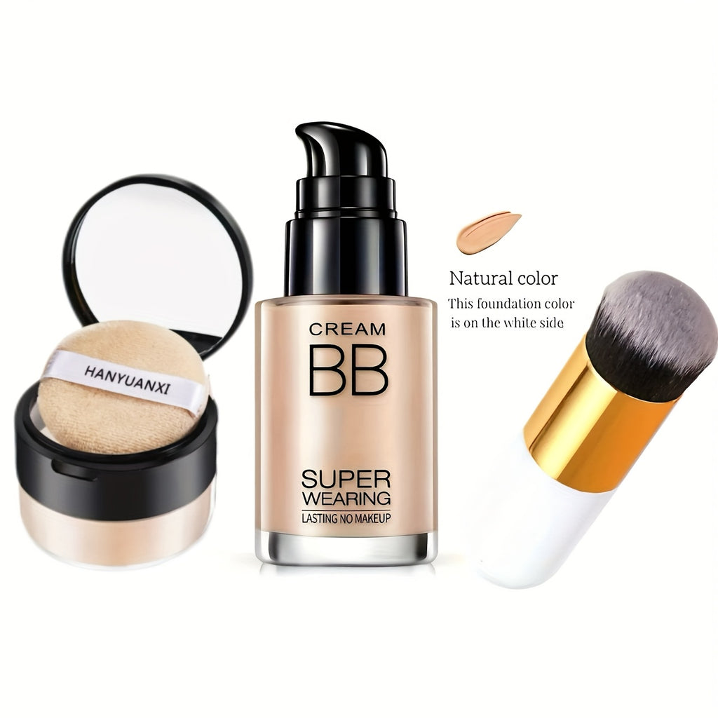 Set of BB Cream Foundation And Luxury Setting Powder (Comes with Brush And Powder Puff) That Is Waterproof And Long-Lasting, Offers a Matte End, Moisturizes, Controls Oil, Has a Smooth Formula