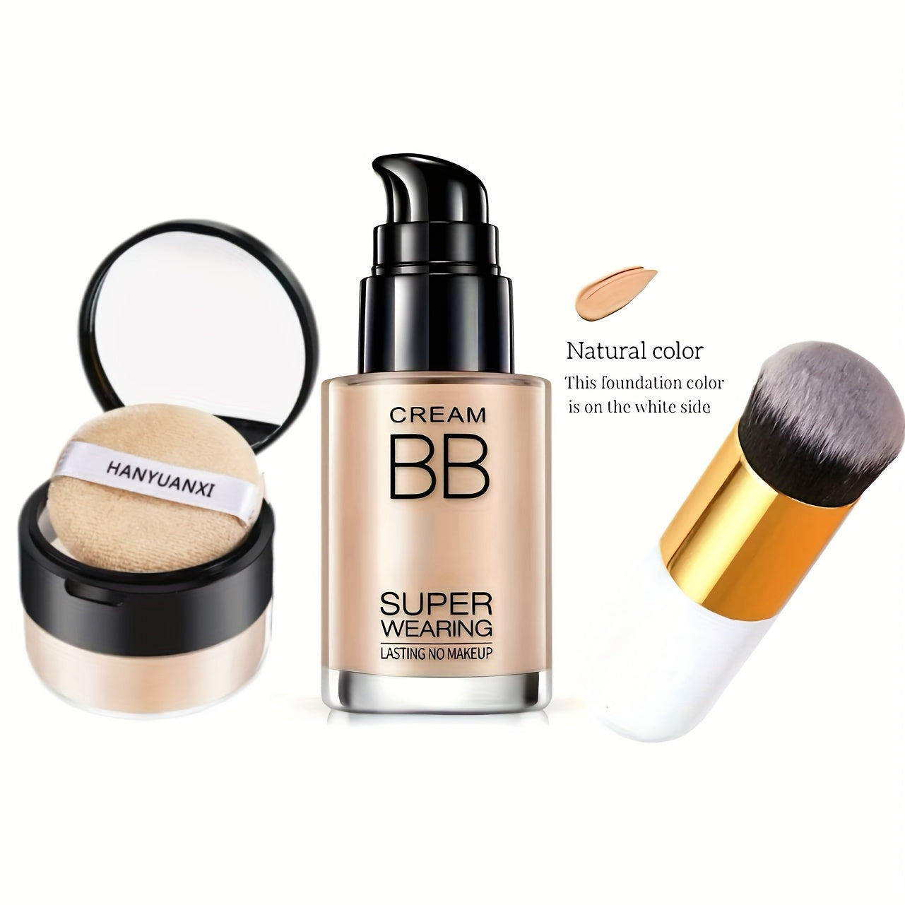 Set of BB Cream Foundation And Luxury Setting Powder (Comes with Brush And Powder Puff) That Is Waterproof And Long-Lasting, Offers a Matte End, Moisturizes, Controls Oil, Has a Smooth Formula