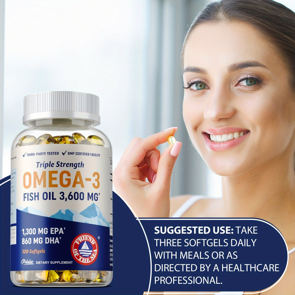 Omega 3 Fish Oil - with EPA & DHA, Omega-3, Triple Strength Omega 3 Fish Oil Supplement, for Eye Brain and Heart Health - 120pcs