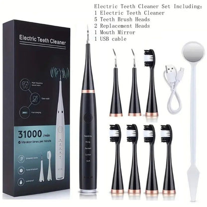 Electric Teeth Cleaner Kit USB Rechargeable 5 Cleaning Modes Dental Scaler Plaque Tartar Remover Gum Health Tool Holiday Gift Set for Family Friends Adults Black White Green