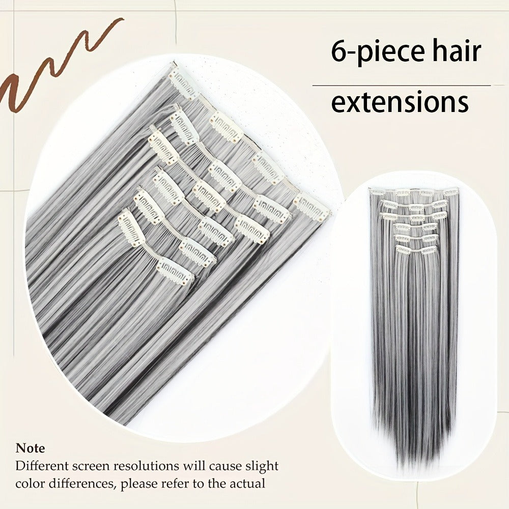 Clip In Hair Extensions 6 Pieces 16 Clips 24 Inch — Heat Resistant Synthetic Hairpiece for Volume & Length, Natural Black & Mixed Colors, Easy DIY for Women All Occasions