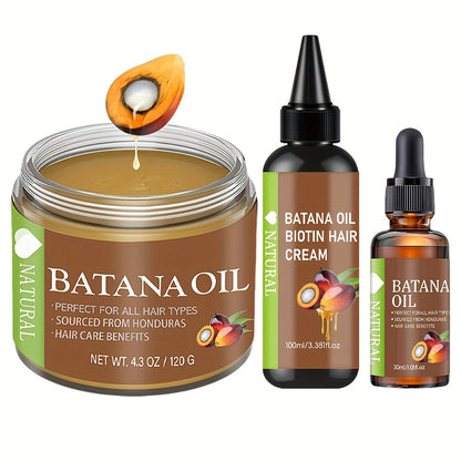 Batana Hair Oil 3-Piece Set — Pure Honduran Cold-Pressed Extract with Biotin, Nourishes Scalp & Hair, Strengthens Strands, Prevents Breakage & Split Ends, Adds Shine, All Hair Types