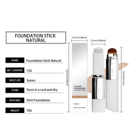 Color-Changing Foundation Stick 2PCS with Built-In Brush & Puff - Skin Tone Adapting Lightweight Matte Finish Sheer to Buildable Coverage Everyday Makeup for Women Ivory White Natural & Dark Skin