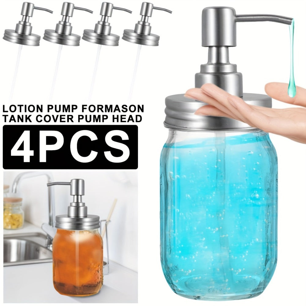 Mason Jar Soap Dispenser Lid with Pump – 4 Pack 304 Stainless Steel Pump Lids for Regular Mouth Mason Jars, Leakproof Soap Dispenser Pump Replacement with 3.9" Tube & Gasket for Kitchen Bathroom