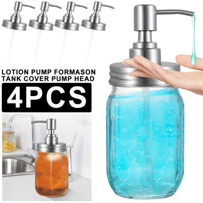 Mason Jar Soap Dispenser Lid with Pump – 4 Pack 304 Stainless Steel Pump Lids for Regular Mouth Mason Jars, Leakproof Soap Dispenser Pump Replacement with 3.9" Tube & Gasket for Kitchen Bathroom
