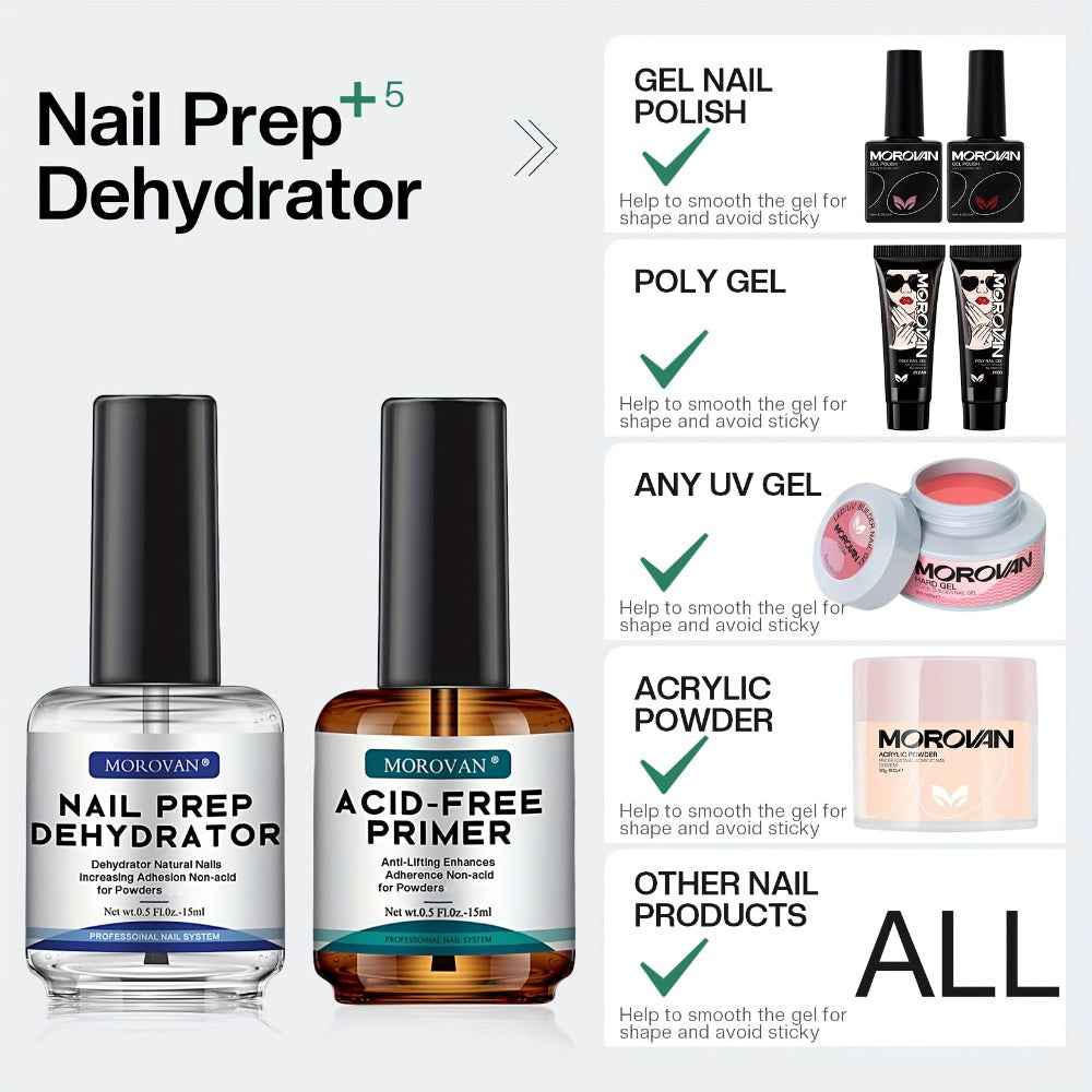 Morovan Professional Acid-Free Nail Prep Dehydrator & Primer Suitable for Gels Fast Dry, Non-Acid Base with Nail File & Brush - Liquid Dehydrator for Acrylic/Gel Polish, Bonding Agent for Nail Salons, Nail Technicians, Gift Box Set