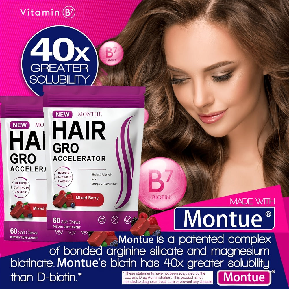 [Hair Gummies 60 Chews] MONTUE Biotin Hair Gummies for Hair Care, Daily Hair Nourishment Supplement with Arginine, Vitamin C & Vitamin E, Mixed Berry Flavor, 60 Soft Chews