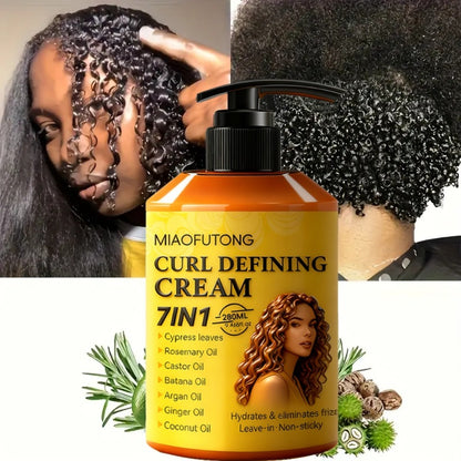 Curl Cream with 7-in-1 Hair Oil 280ml - Deep Moisture Defining Curl Cream Infused with Argan Oil Rosemary Castor Coconut Oil - Long-Lasting Voluminous Waves for Curly Wavy Hair