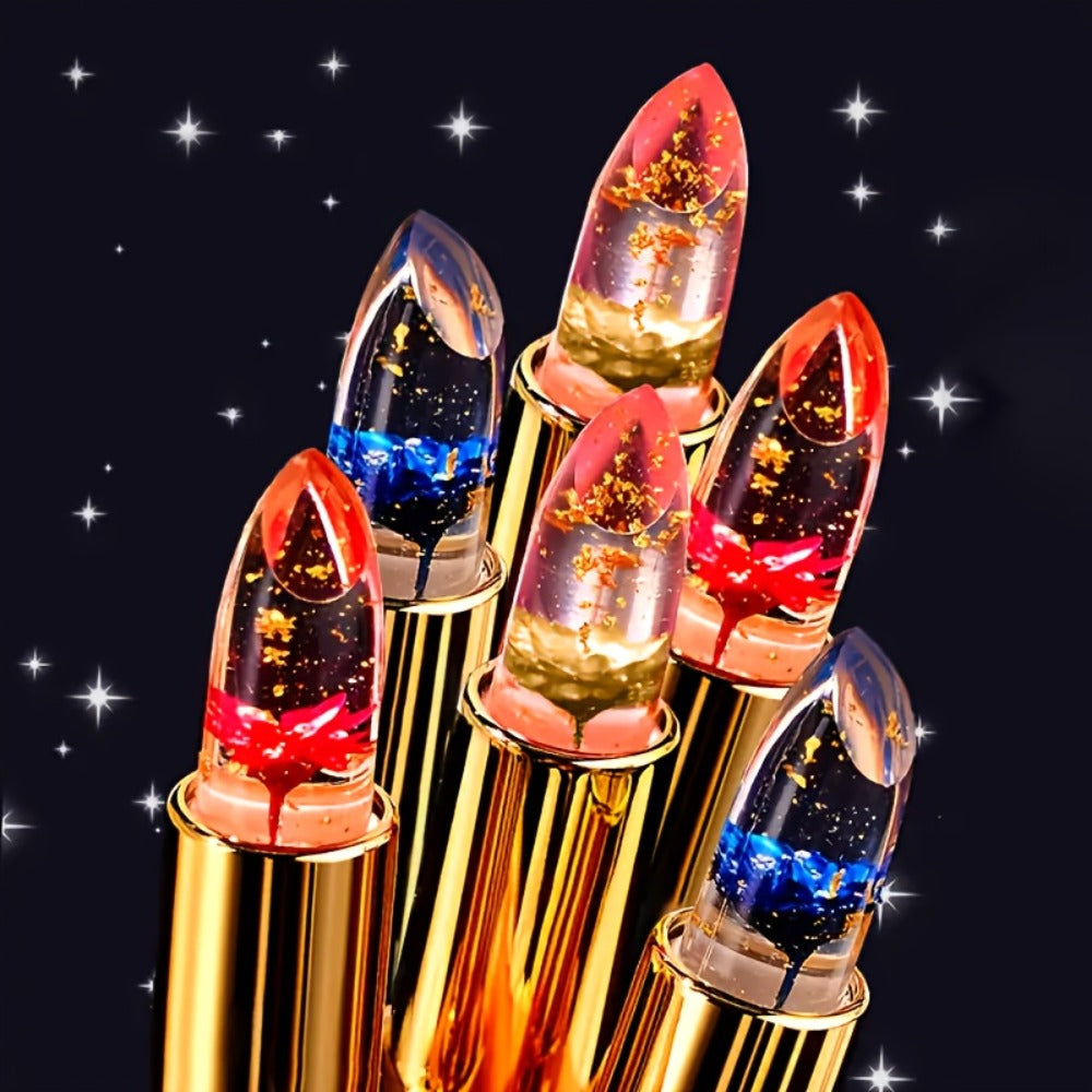 Color Changing Lipstick Set 6-Pack Jelly Flower Lip Balm Temperature Activated Tint Hydrating Squalane Formula Long Lasting Moisturizing Lip Gloss