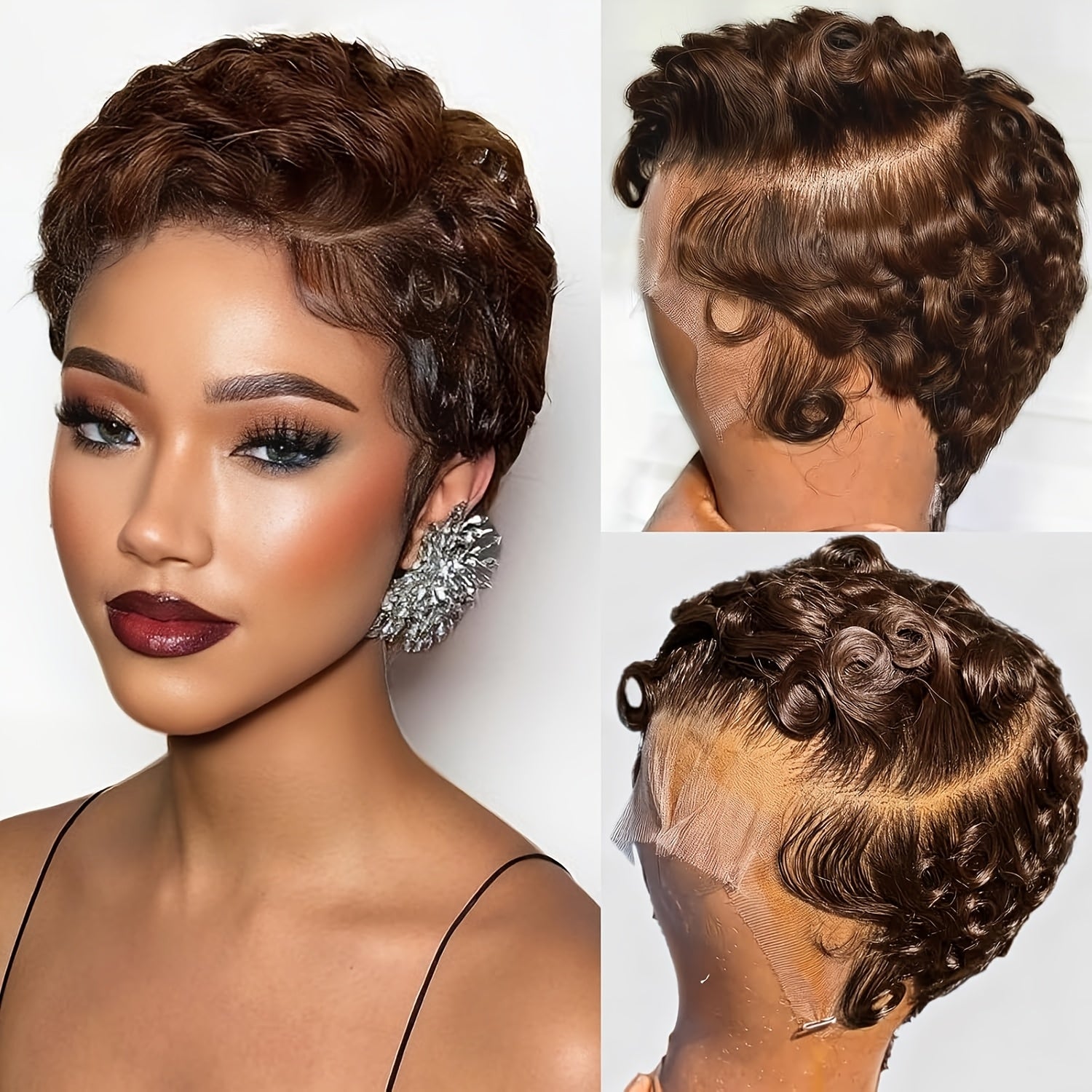 [Lace Front Pixie Wig] Curly Wavy 13x4 Lace Front Pixie Cut Wigs Real Human Hair Body Wave Short Wig, 13x4 HD Lace Frontal Wig Pre Plucked Elegant Loose Deep Curly Wave Pixie Cut Finger Wavy Mommy Wigs
