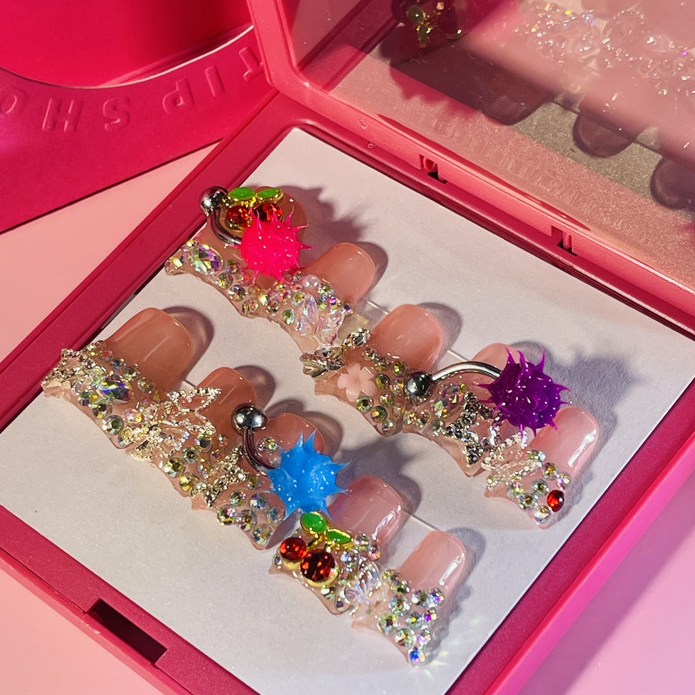 Y2K Piercing Charm Press on Nails Handmade Duck Nail with Nightmare Eye And Barbell 3D Nail Charms, Rhinestone Nails For, Trendy Party Nail Art
