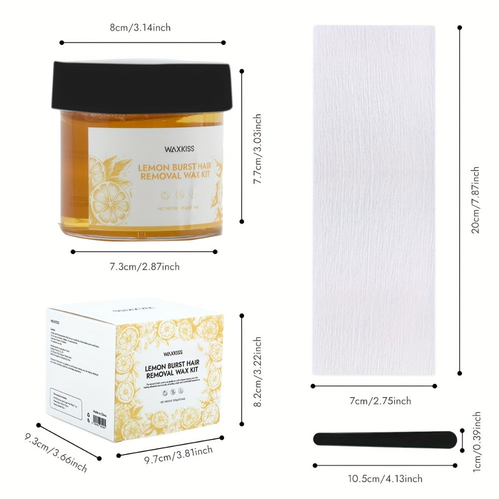 WAXKISS 300G Lemon Sugar Wax Hair Removal Soft Wax Beeswax Hair Removal Kit New Formula Is Gentle And Non-Irritating, Precise Hair Removal Without Residue, (1 Can Of Soft Wax, 12pcs Of Hair Removal Paper, 2 Wax Sticks)