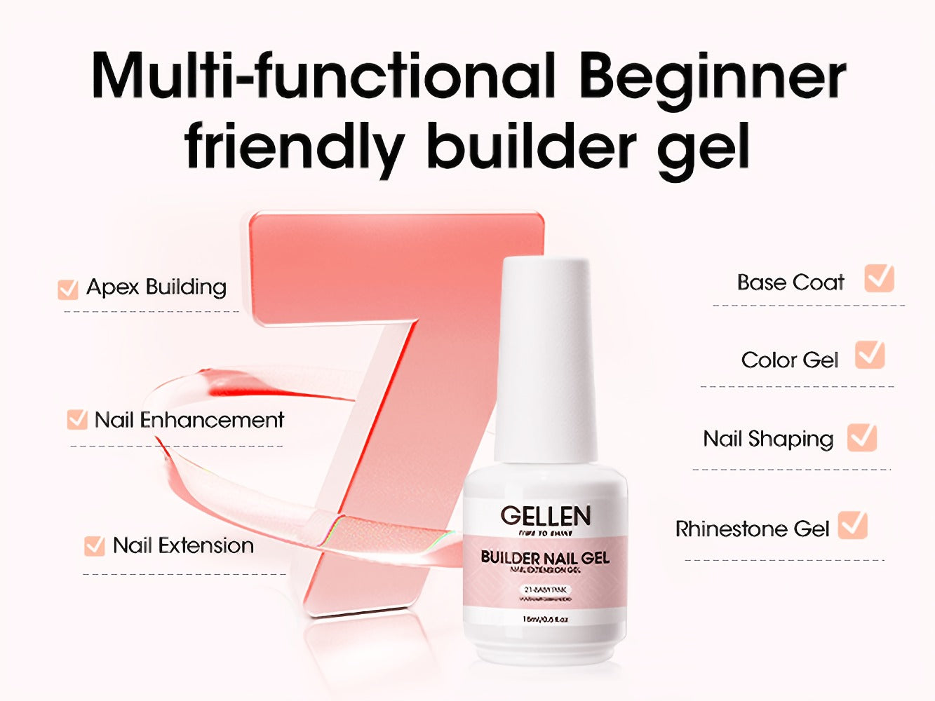 Gellen Builder for Nail Gel, 7-In-1 Clear Gel Builder for Nail Thickening 2pcs, LED for Nail Lamp Cured Hard Gel for Nail Strengthener Extension Gel Base Rhinestone for Nail Glue Gel Soak Off Gel Builder Base for Nail Art, 15Ml 0.51Fl Oz