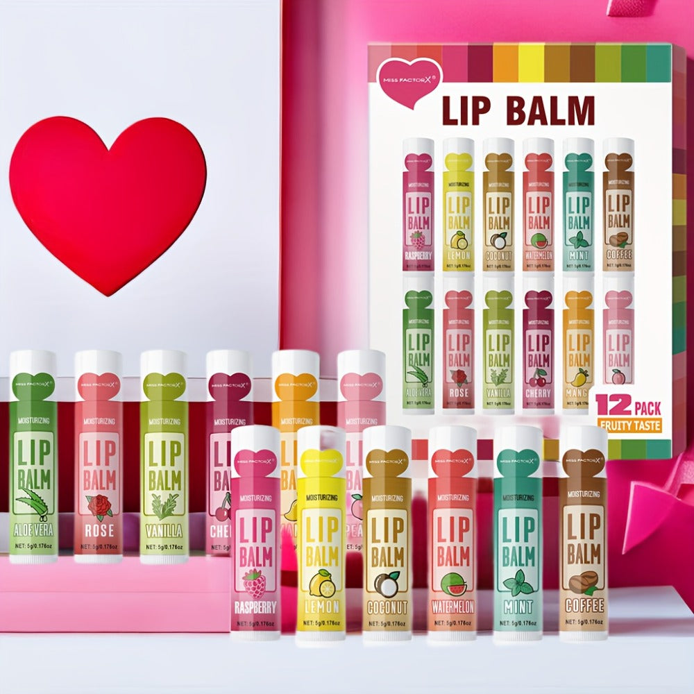 Lip Balm Set 12 Pieces - Fruity Scent Hydrating Lip Butter, Hypoallergenic Glycerin Formula, Glossy Finish for All Skin Types, Unisex Valentine Gift for Women