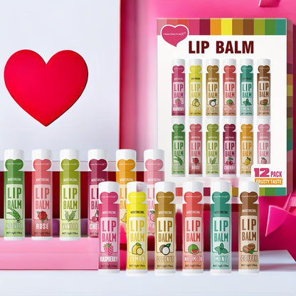 Lip Balm Set 12 Pieces - Fruity Scent Hydrating Lip Butter, Hypoallergenic Glycerin Formula, Glossy Finish for All Skin Types, Unisex Valentine Gift for Women