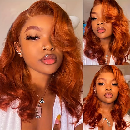 4x4 Lace Front Wig Ginger Orange Body Wave Bob Human Hair 150% Density Pre-Plucked Baby Hair Natural Hairline Colored Wig for Women Versatile Styling 14 & 20 Inch