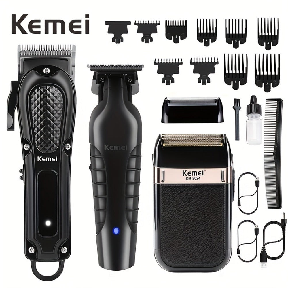 [Perfect Holiday Gift] Kemei Professional Men's Grooming Kit Hair Clipper Beard Trimmer And Reciprocating Shaver Available in Single 2pcs Or 3pcs Set Suitable for Home And Salon Use Perfect Holiday Gift for Dad