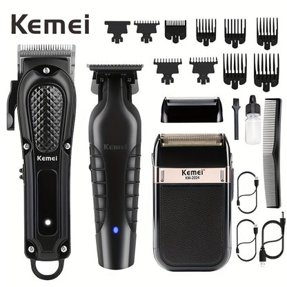 Hair Clipper & Beard Trimmer Set for Men — Kemei Professional Grooming Kit with Reciprocating Shaver, USB Rechargeable, Home & Salon Use, Gift for Dad (Set 1 / Set 2 / Style 1)