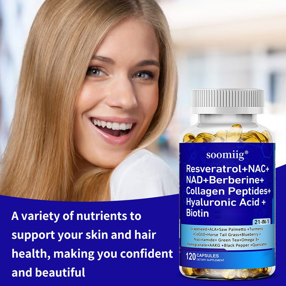 Resveratrol Supplement with NAC NAD Collagen Peptides Hyaluronic Acid – Supports Mood, Hair, Nail & Eye Health | 120 Capsules with Saw Palmetto CoQ10 Quercetin Omega-3 Thiamine Black Pepper