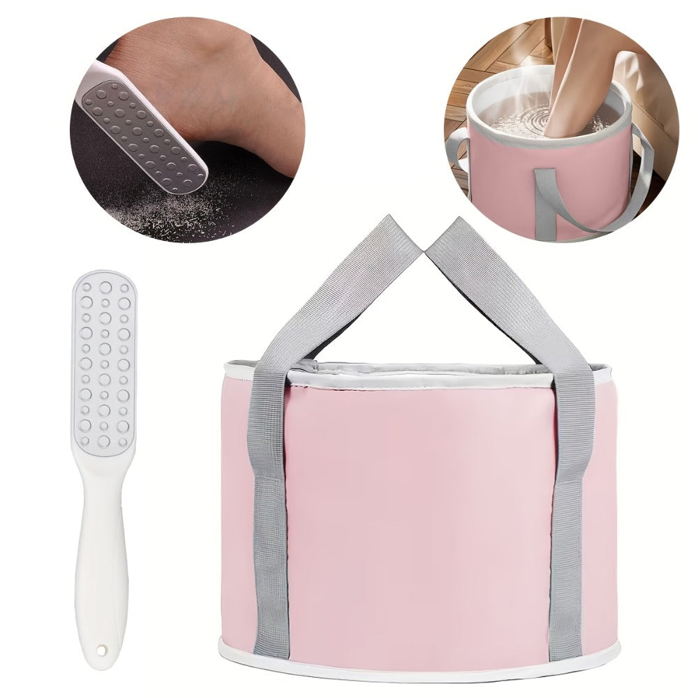 1 Small Portable Foldable Foot Bath Bucket +1 Foot Dead Light Beige Scrubber, Foot Care Tool Set, Foot Dead Light Beige Removal And Moisturizing Tool, Travel Foot Bath Tool