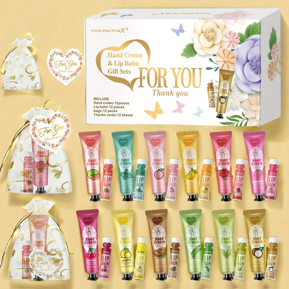 48pcs/Sets Hand Cream & Lip Balm Gift Sets - Perfect For Wedding, Friend Gatherings, Or As A Party Favor! Includes 12pcs Hand Cream, 12pcs Lip Balm, 12pcs White Heart-Shaped Hot Stamping Yarn Bags, And 12pcs Thank You Cards. Mother'S Day Gift