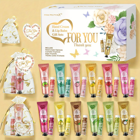 48pcs/Sets Hand Cream & Lip Balm Gift Sets - Perfect For Wedding, Friend Gatherings, Or As A Party Favor! Includes 12pcs Hand Cream, 12pcs Lip Balm, 12pcs White Heart-Shaped Hot Stamping Yarn Bags, And 12pcs Thank You Cards. Mother'S Day Gift
