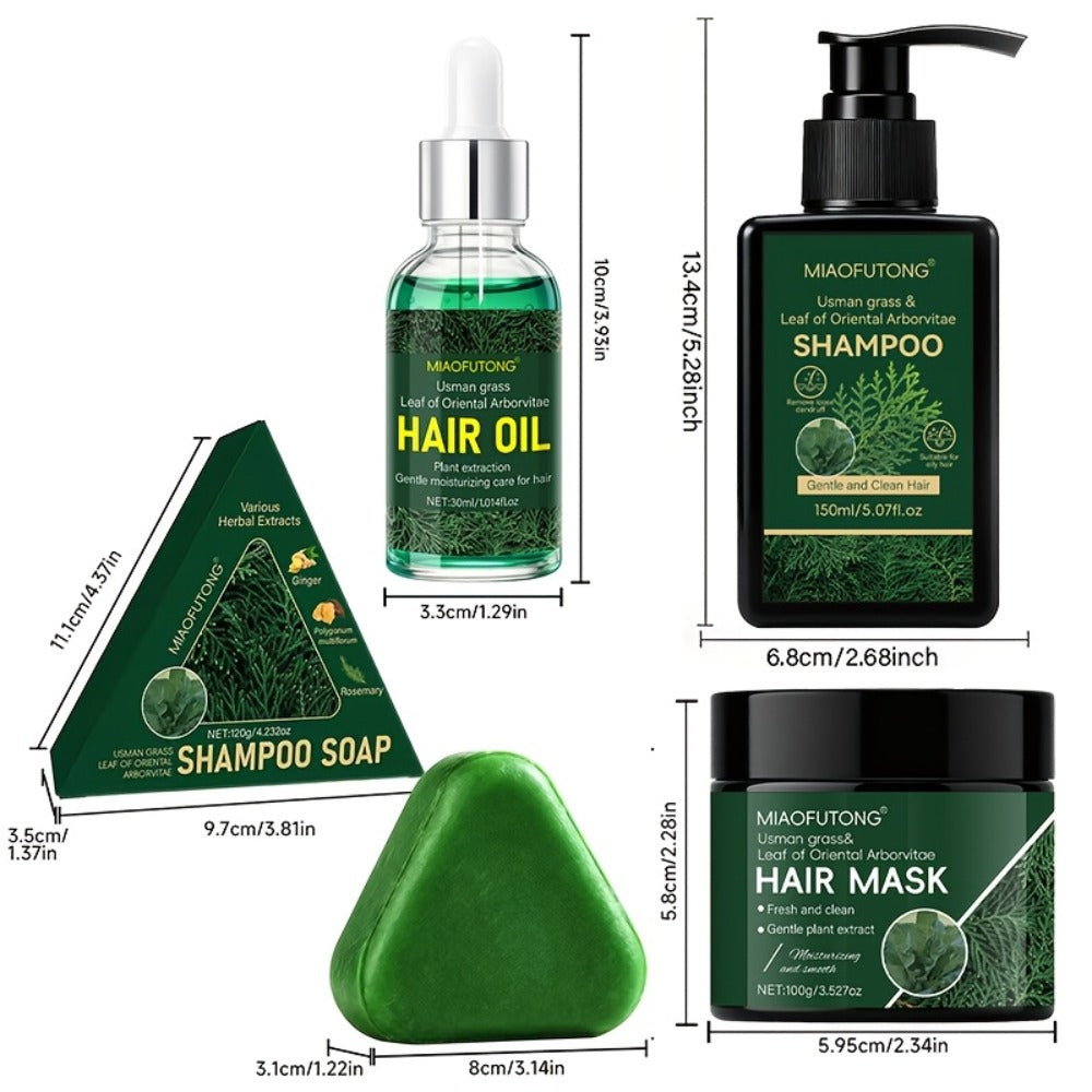 Hair Care Set 4pcs - 10-in-1 Shampoo, Conditioner, Hair Oil & Hair Mask with Usman Grass & Platycladus Extract | Strengthens, Cleanses & Restores Healthy Hair