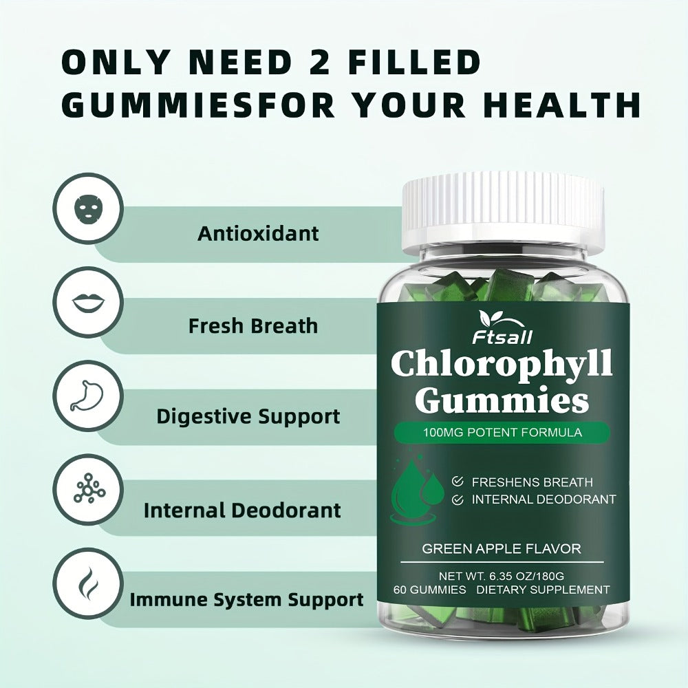 Ftsall Chlorophyll Gummies with Vitamin C, D3, E, B12, Zinc And Irish Sea Moss, Sambucus Elderberry, Echinacea, Apple Cider Vinegar, Freshens Breath Natural Body Deodorizing Supplement, Chlorophyll Herbal Gummies for Women Men Apple Flavor 60 Count