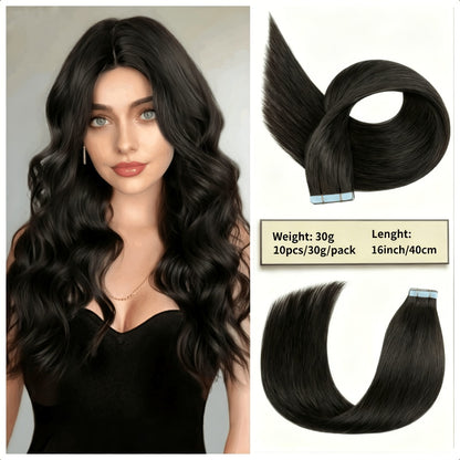 Tape In Hair Extensions Human Hair Straight Natural Black 1B Seamless Skin Weft 10pcs 30g Per Pack 16-24 Inch Women Invisible Blend Volume Length