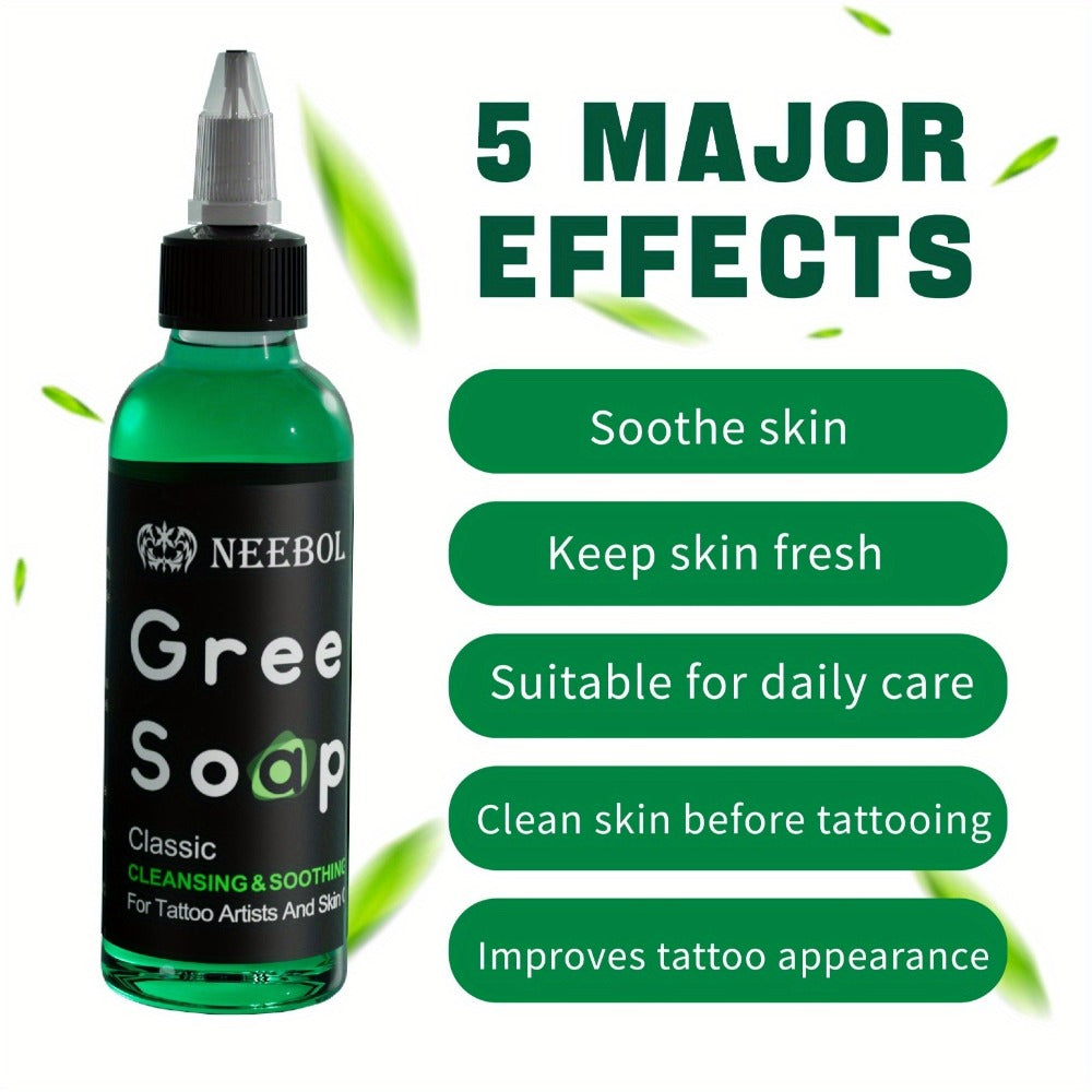 Tattoo Green Soap Cleaning Kit Neebol 8.5oz Concentrated Soap with Squeeze Bottle Moisturizing Balm Cream Lint-Free Wipes Complete Skin Care Set Before After Tattooing