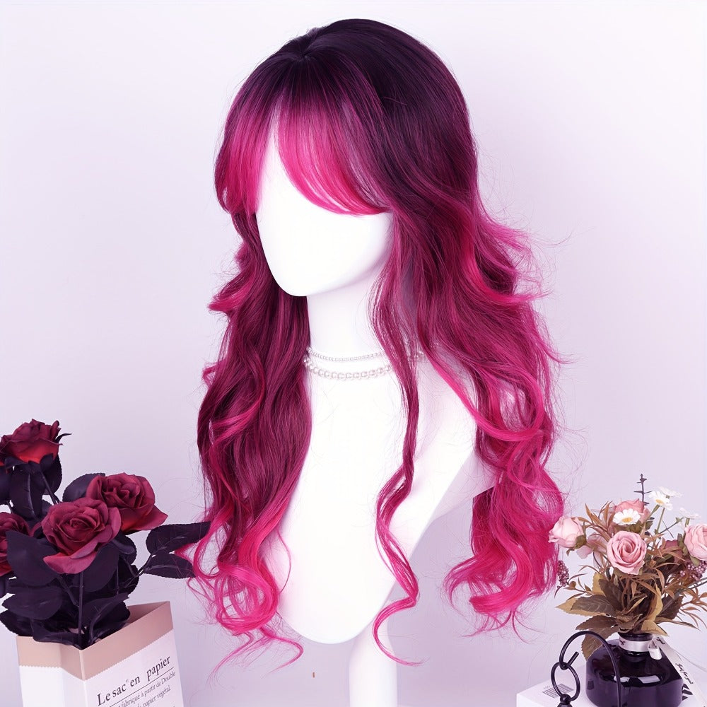 Long Wavy Wig with Air Bangs for Women — 28 Inch Rose Red Gradient, 150% Density Heat Resistant Synthetic Hair, Rose Net Cap, Curly Wave Style, Parties Halloween Christmas Daily Wear