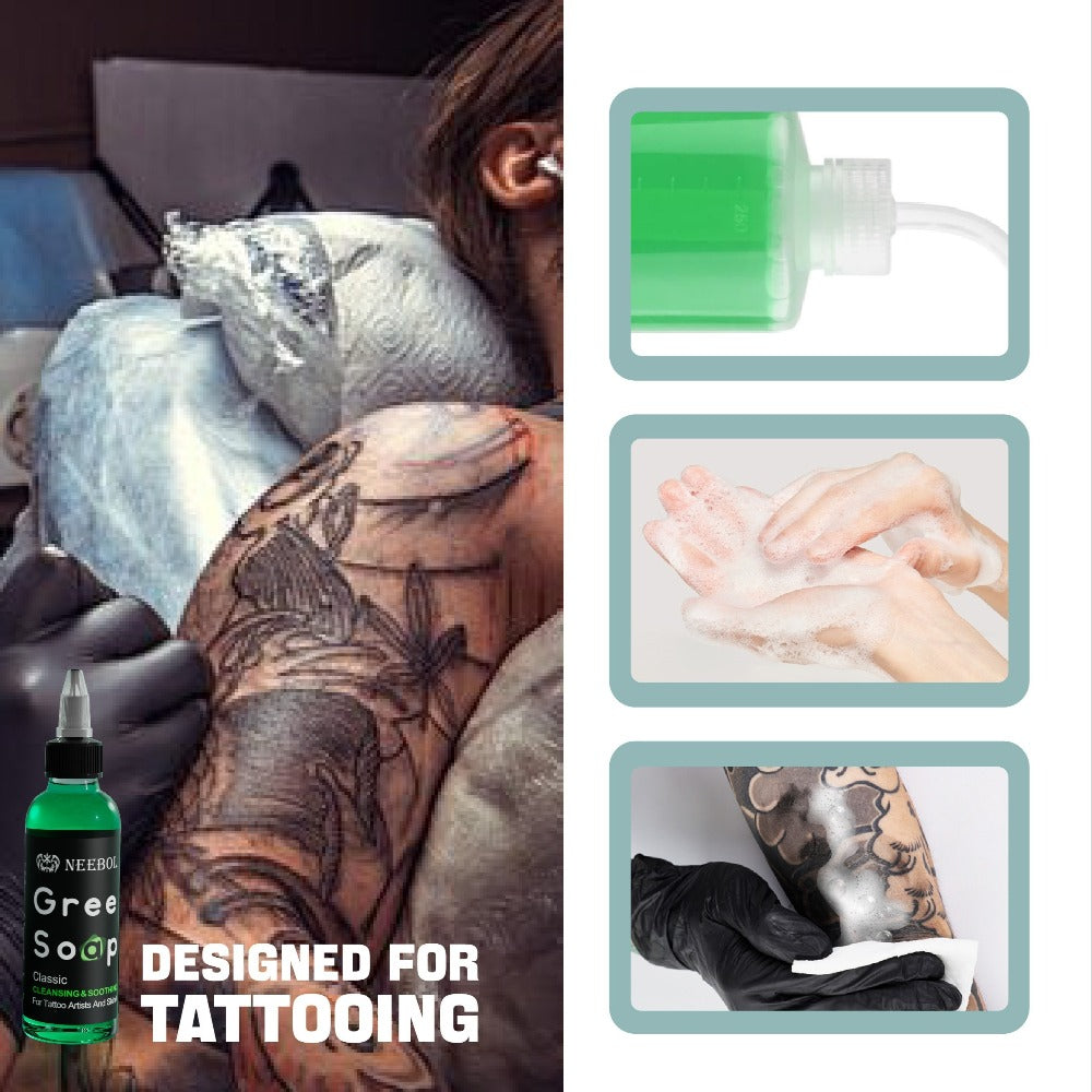 Neebol Green Soap Tattoo Cleaning Solution for Skin Prep Before And After Tattooing, Tattoo Kit, 8.5Oz Tattoo Soap with Squeeze Bottle, Moisturizing Tattoo Balm Cream for Vibrant Color, Tattoo Wipes Cleansing Cloth