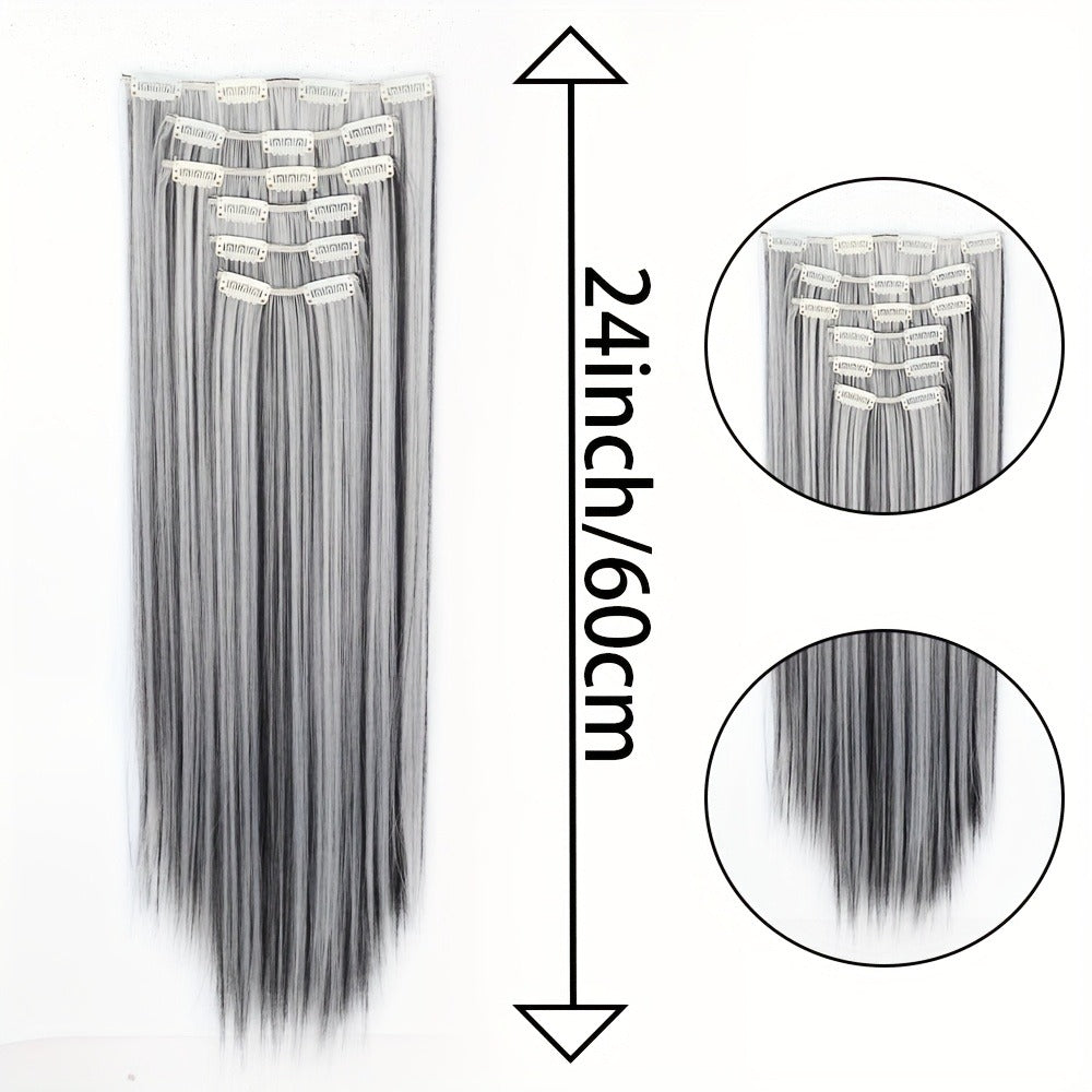 Clip In Hair Extensions 6 Pieces 16 Clips 24 Inch — Heat Resistant Synthetic Hairpiece for Volume & Length, Natural Black & Mixed Colors, Easy DIY for Women All Occasions