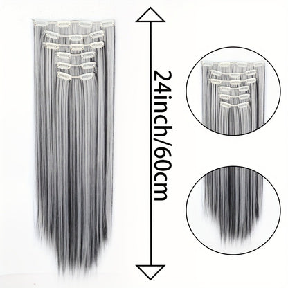 Clip In Hair Extensions 6 Pieces 16 Clips 24 Inch — Heat Resistant Synthetic Hairpiece for Volume & Length, Natural Black & Mixed Colors, Easy DIY for Women All Occasions