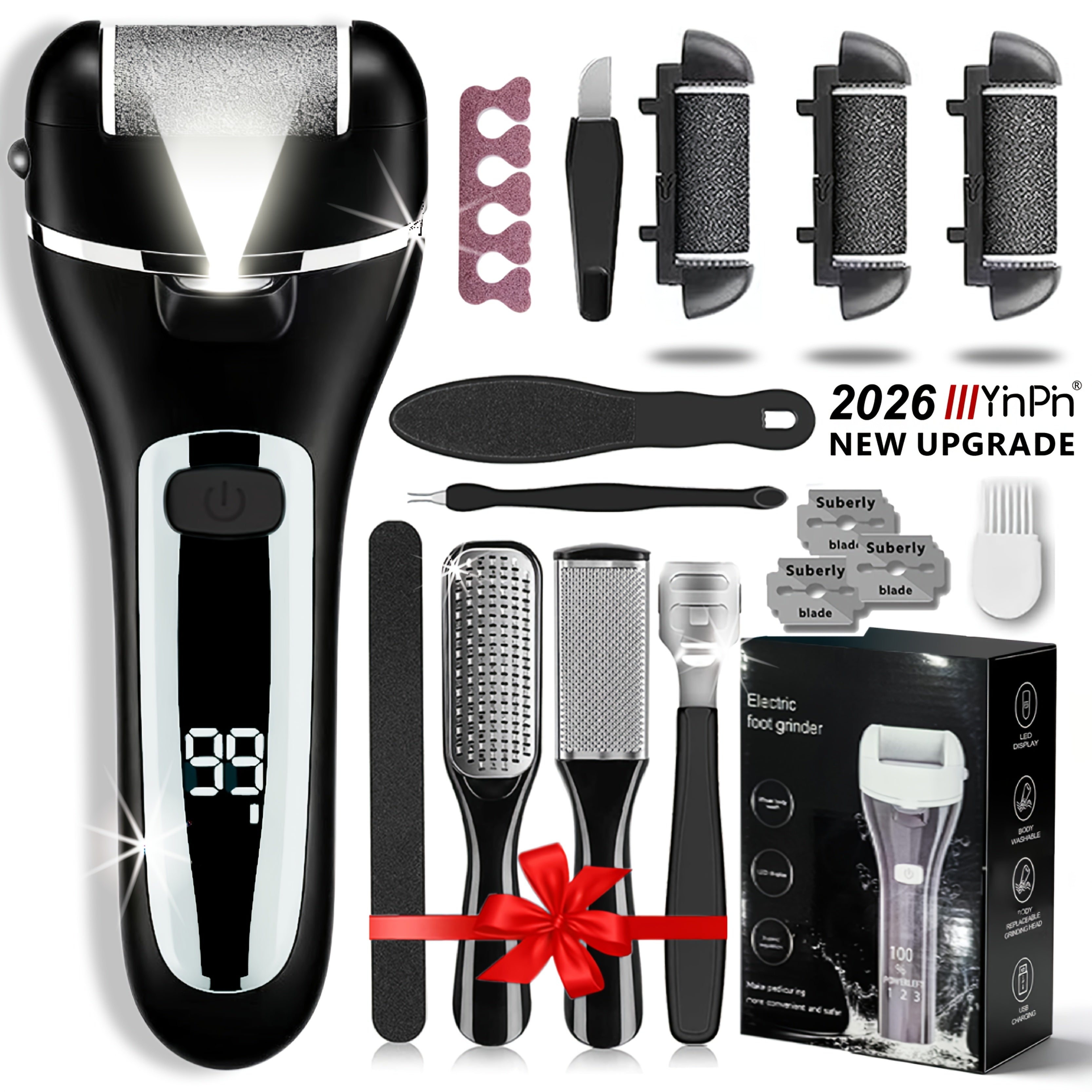Electric Feet Remover, Rechargeable Portable Electronic Foot File Pedicure Kits, Foot Scrubber File, Professional Pedicure Tools, Foot Care for Dead Skin Ideal Gift, 14in1 3 Rollers Manicure Nail