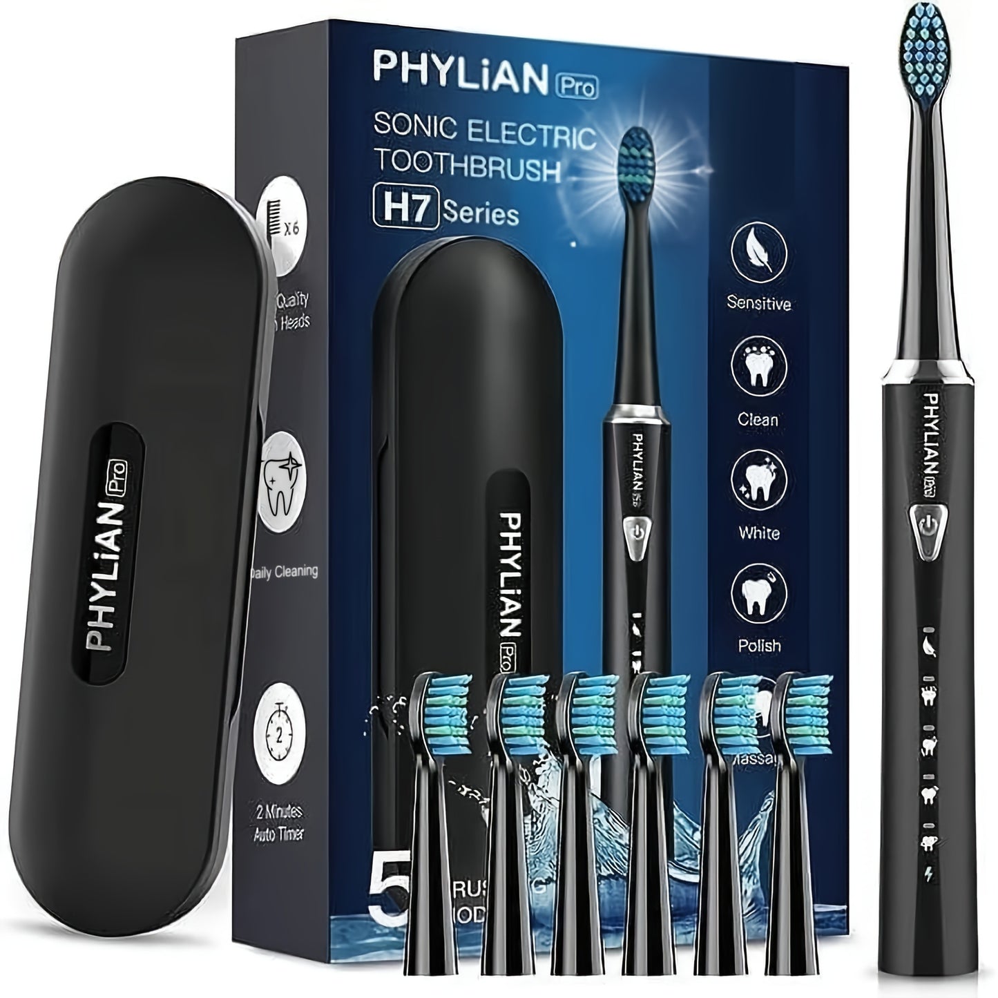 Electric Toothbrush for Adults Sonic Rechargeable 5 Cleaning Modes 6 DuPont Brush Heads 40000 VPM 120-Day Battery 2-Minute Smart Timer Whitening Sensitive Polish Massage USB Charge Travel Ready