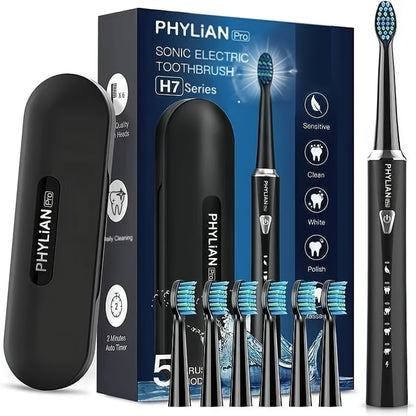 Electric Toothbrush for Adults Sonic Rechargeable 5 Cleaning Modes 6 DuPont Brush Heads 40000 VPM 120-Day Battery 2-Minute Smart Timer Whitening Sensitive Polish Massage USB Charge Travel Ready