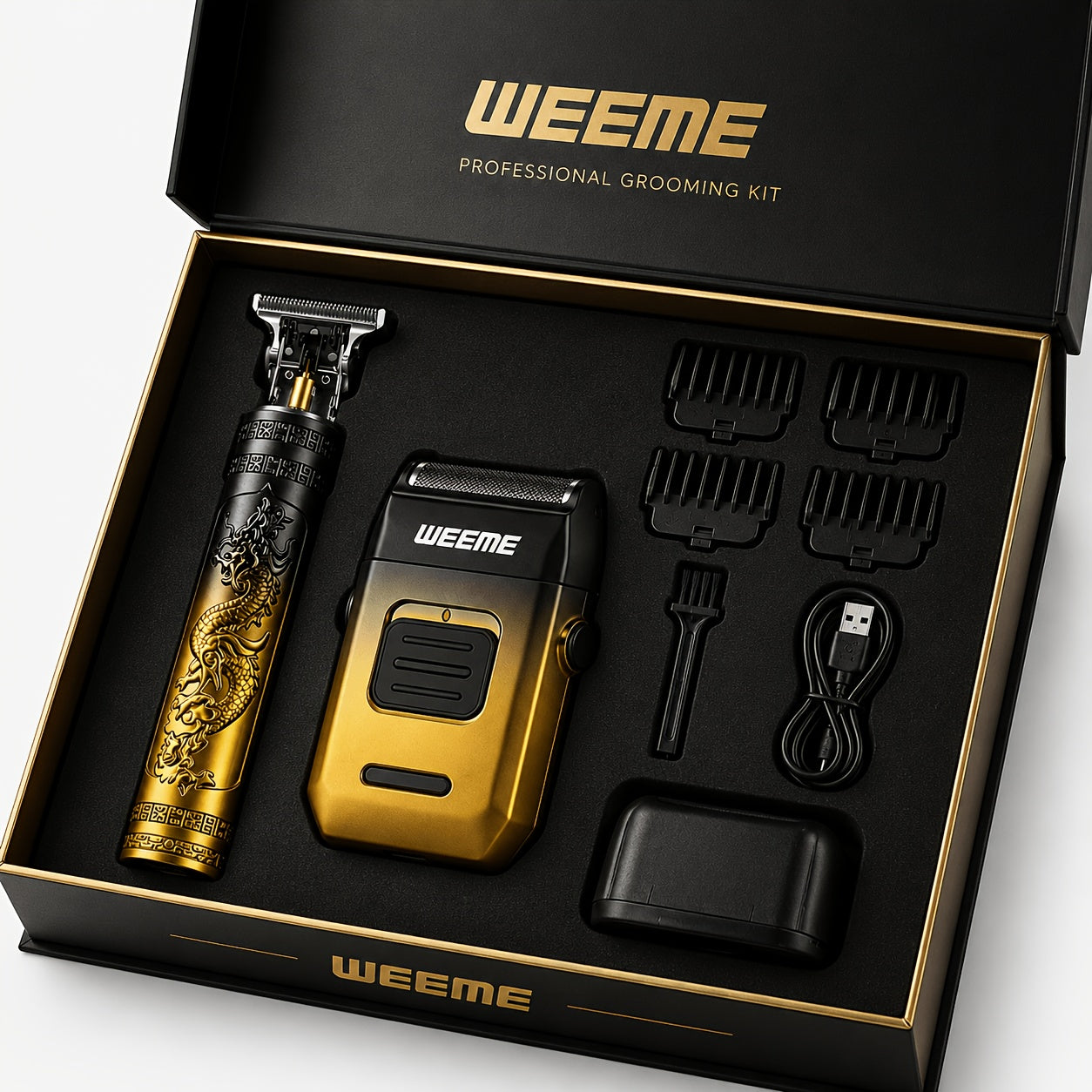4pcs WEEME Men's Grooming Kit with Electric Shaver, Beard Trimmer & Nose Hair Trimmer - USB-Powered Rechargeable Hair Clipper System, 8 Guide Combs Suitable for Father, Boyfriend, Husband Gift for Holidays, Travel & Use