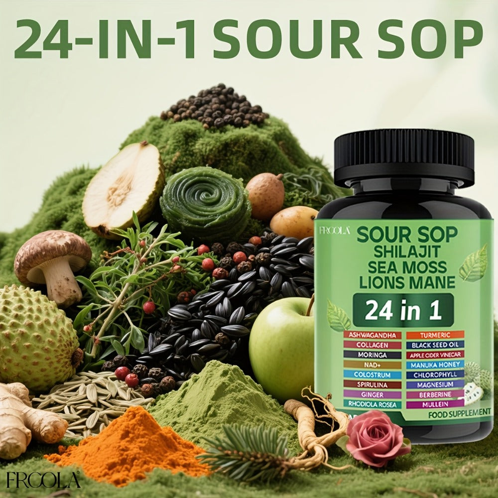 Soursop, Shilajit, Sea Moss, Lions Mane 24in 1Capsule - 2238mg Supports Intestinal Health, Provides Antioxidant Benefits for Man And Woman - 60 Count