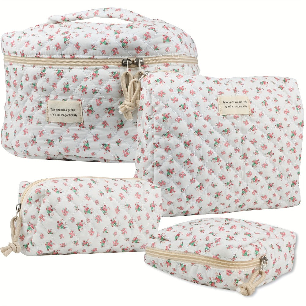 Cute Makeup Bag for Women (4 Pcs), Travel Cosmetic Bags, Quilted Coquette Aesthetic Floral Toiletry Organizer Bag